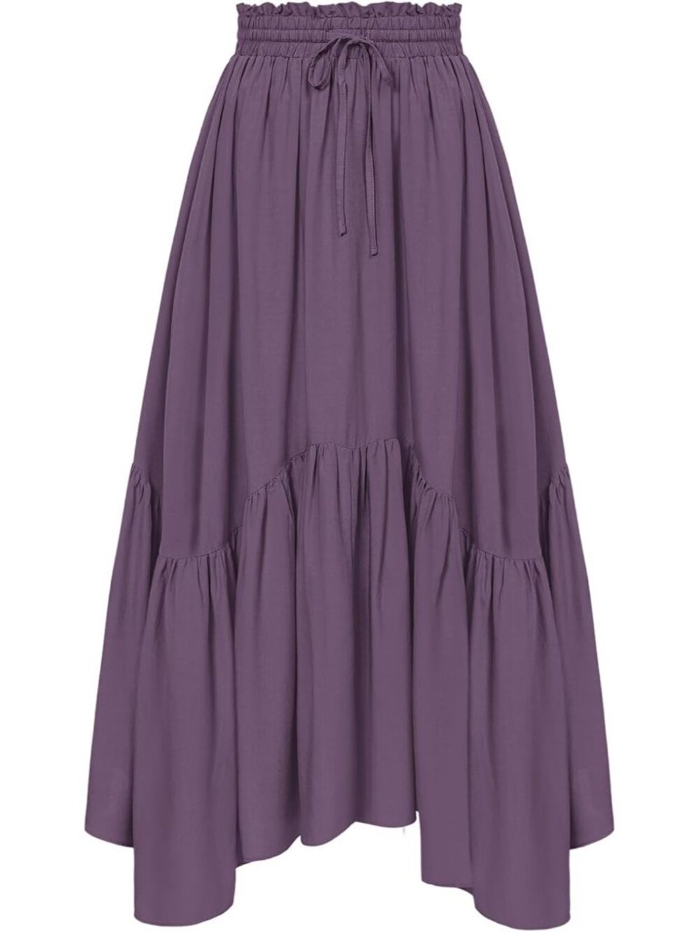 Women Gray Purple Drawstring Renaissance Boho Flowy Asymmetric Tiered Maxi Skirt